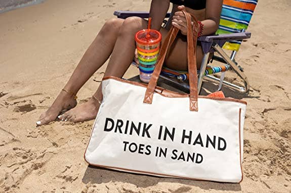 Large Cotton Tote Bag - Drink in hand toes in sand