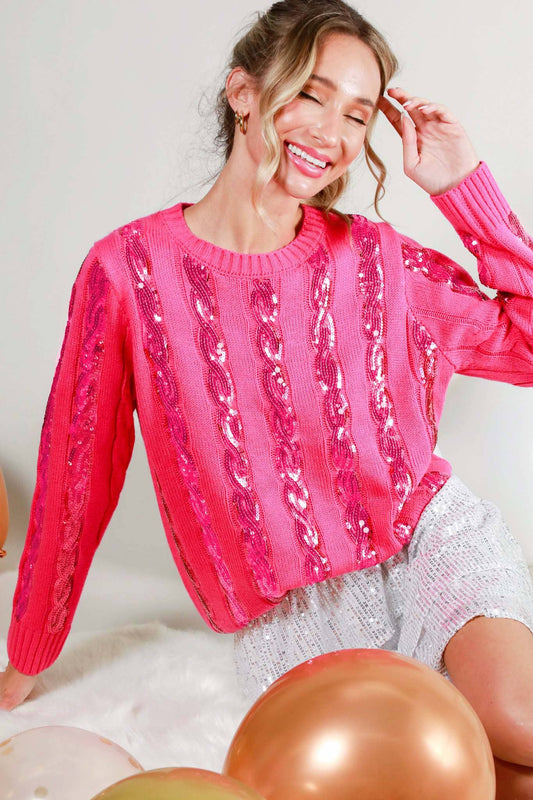 Cable Sequin Detail Crew Neck Knitted Sweater