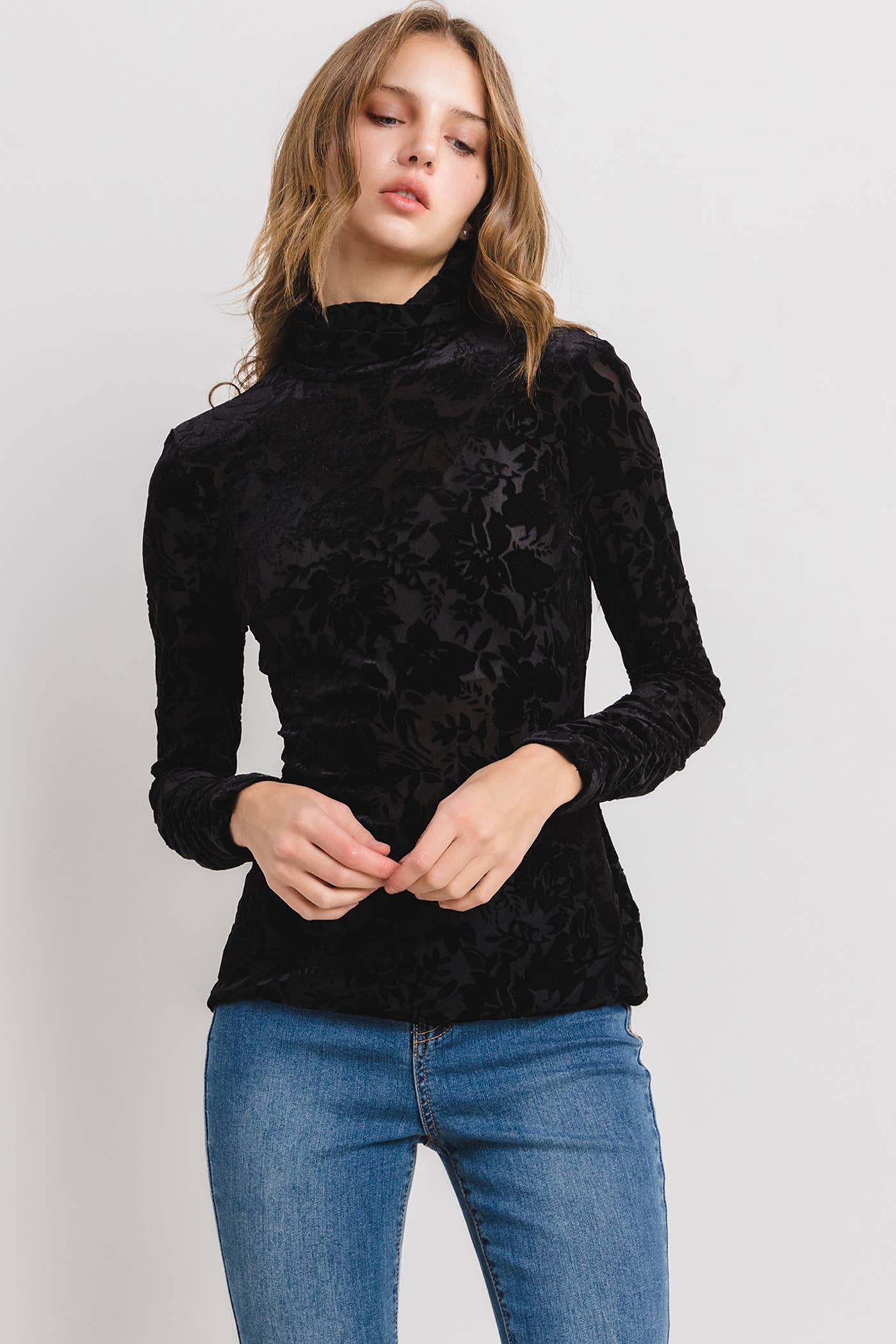 Velvet Floral Print Cowl Neck Top