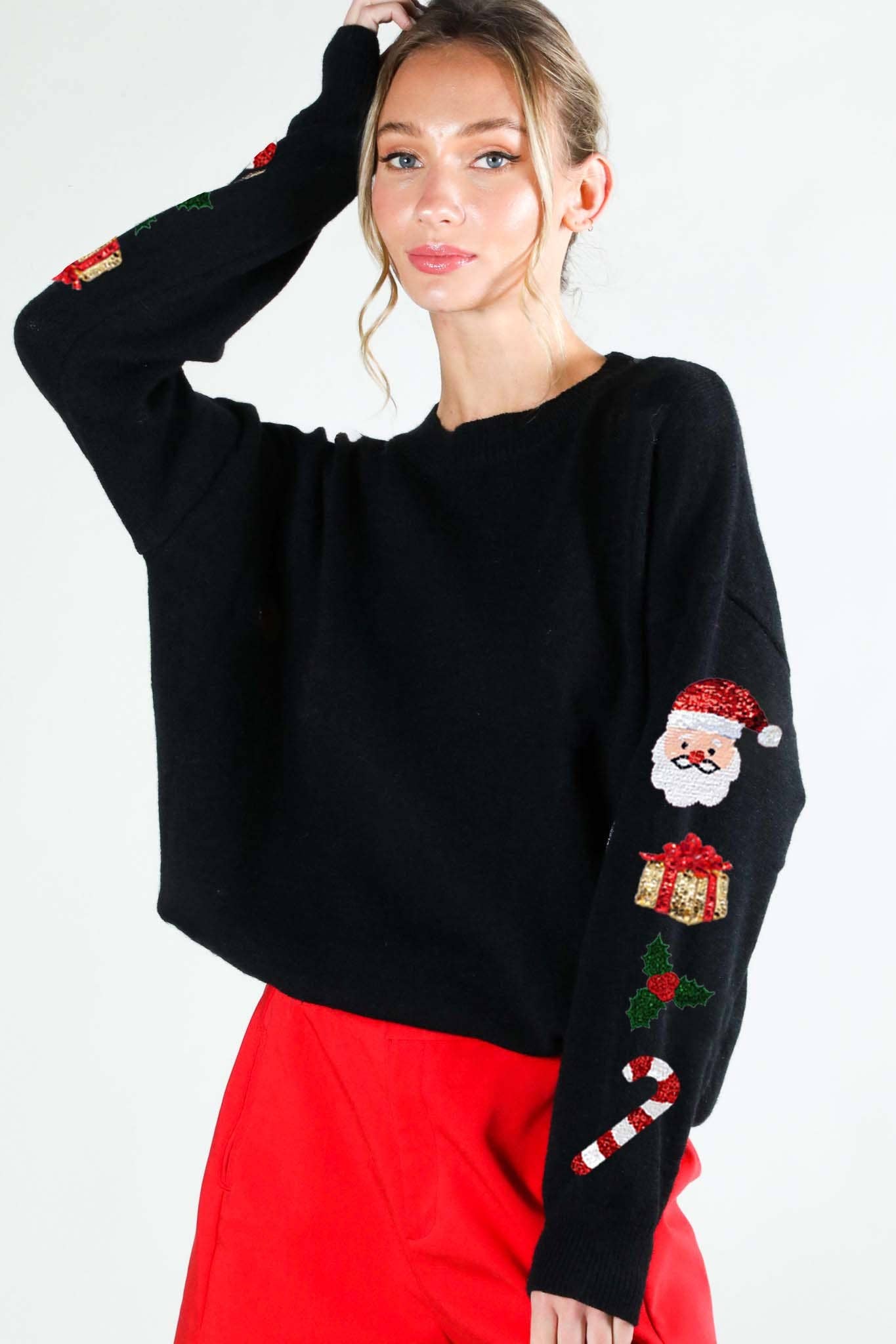 Crew Neck Christmas Sequin Detail Knitted Sweater