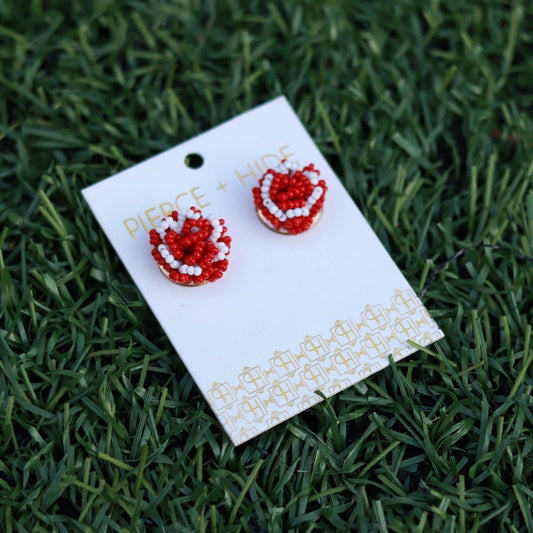 Custom Beaded Pom Earrings| Game Day Earrings| Back to School: Red + White