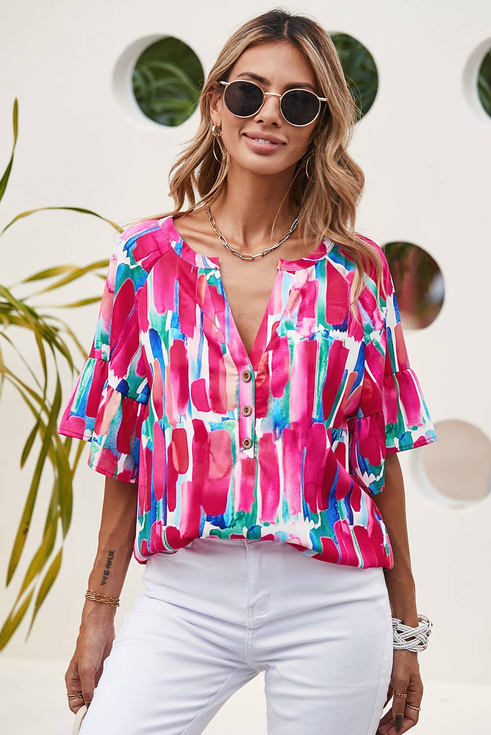 Abstract Brushwork Print  V Neck Blouse