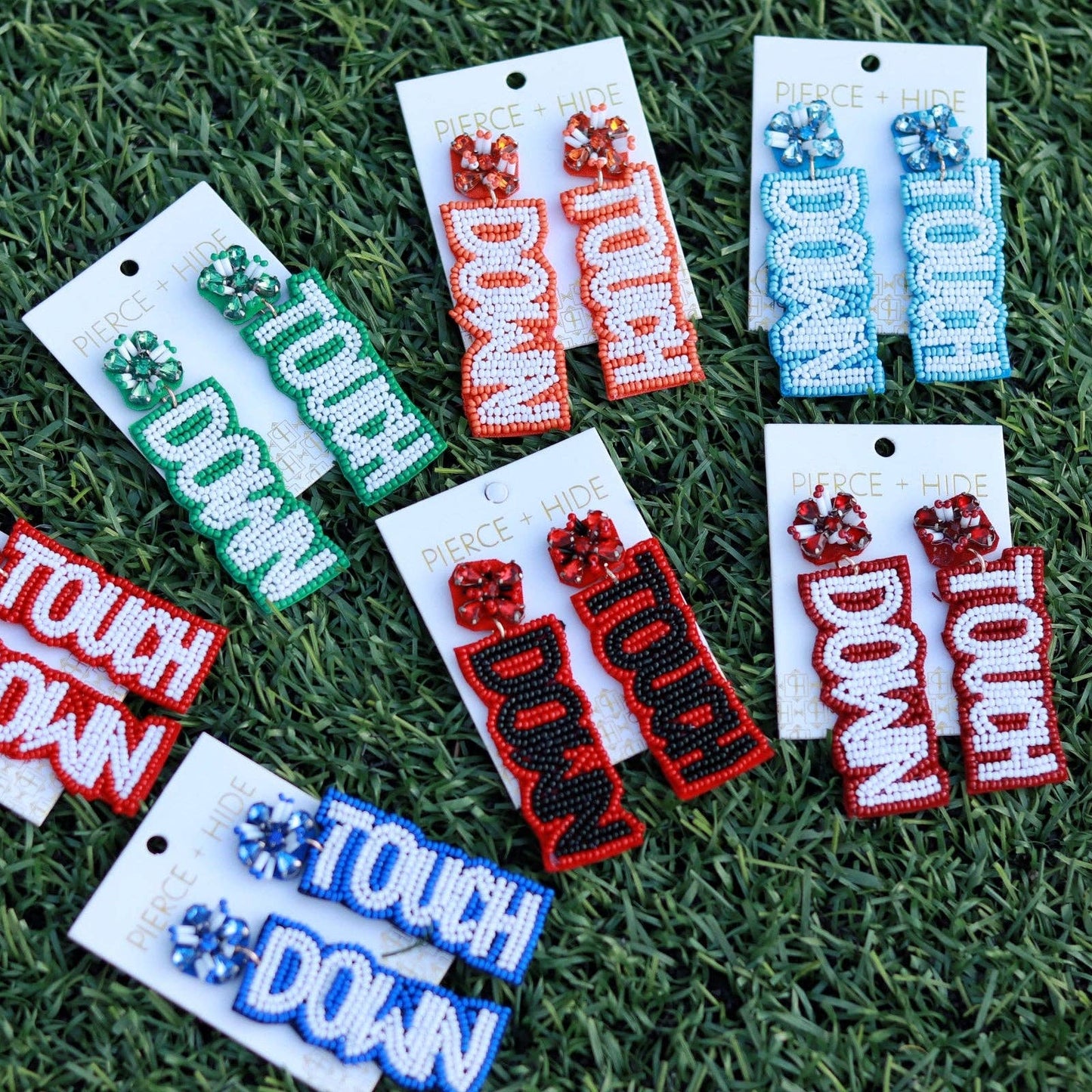 Custom Beaded Touch Down Earring| Game Day Earrings| Football: Red + White
