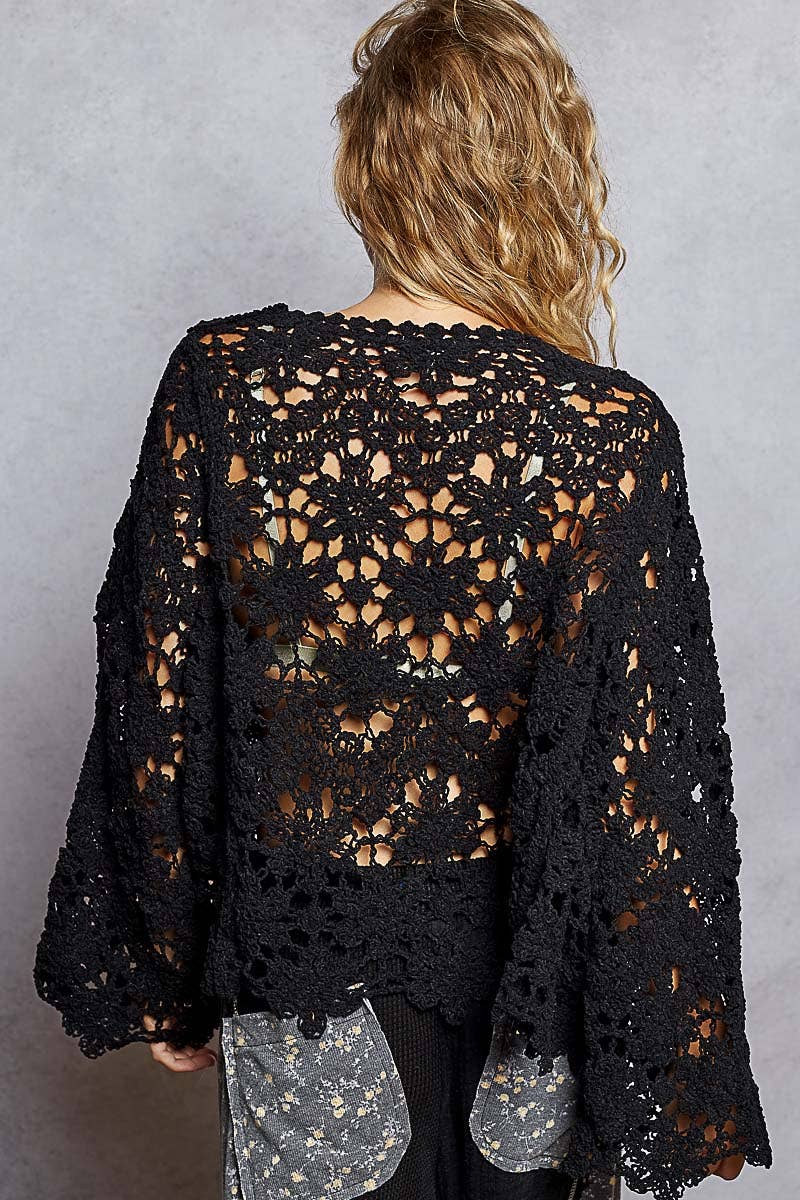 Flare sleeve scalloped edge solid crochet chenille sweater