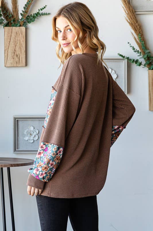 LONG PUFF SLEEVE SOLID URBAN RIBBED AND FLORAL TOP