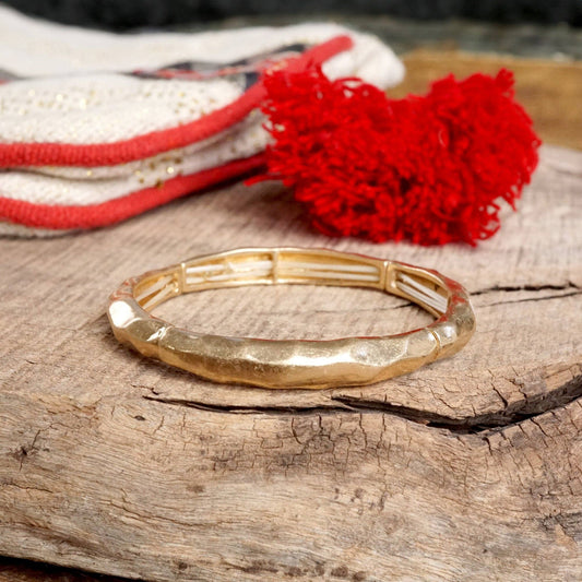 Boho Stretchy Minimalist Bangle Raw Textured Worn Gold and Silver tones: Worn Gold