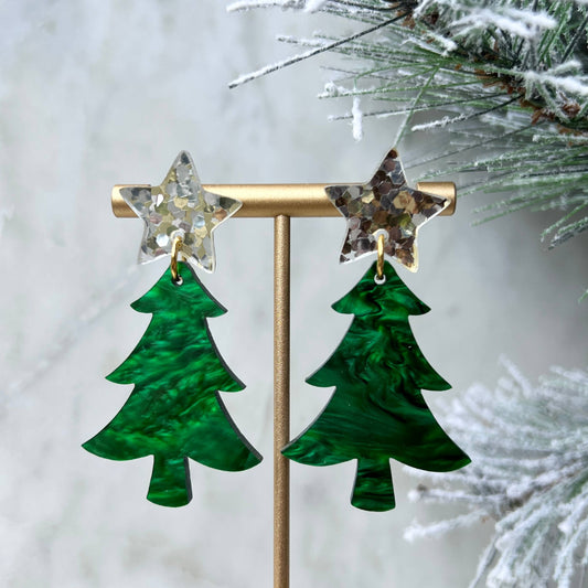 Christmas Tree Earrings - Green Pearl - Acrylic Earrings