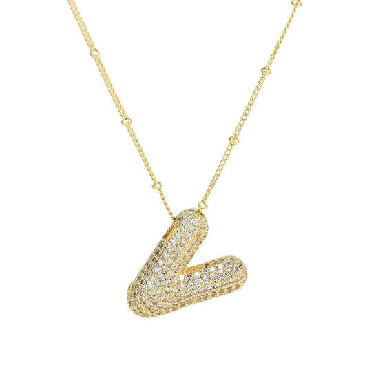 Initial CZ Balloon Bubble 18K Gold Necklace: V