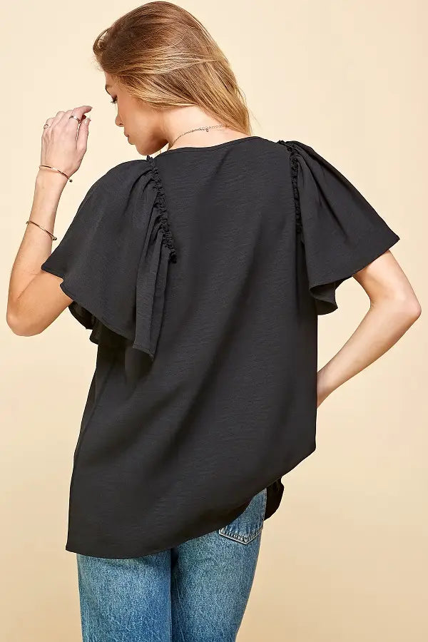 Women's Solid Short Ruffle Sleeve Loose Fitting Top