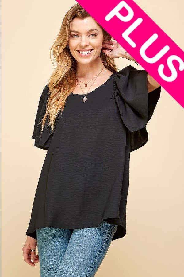 Women's Solid Short Ruffle Sleeve Loose Fitting Top