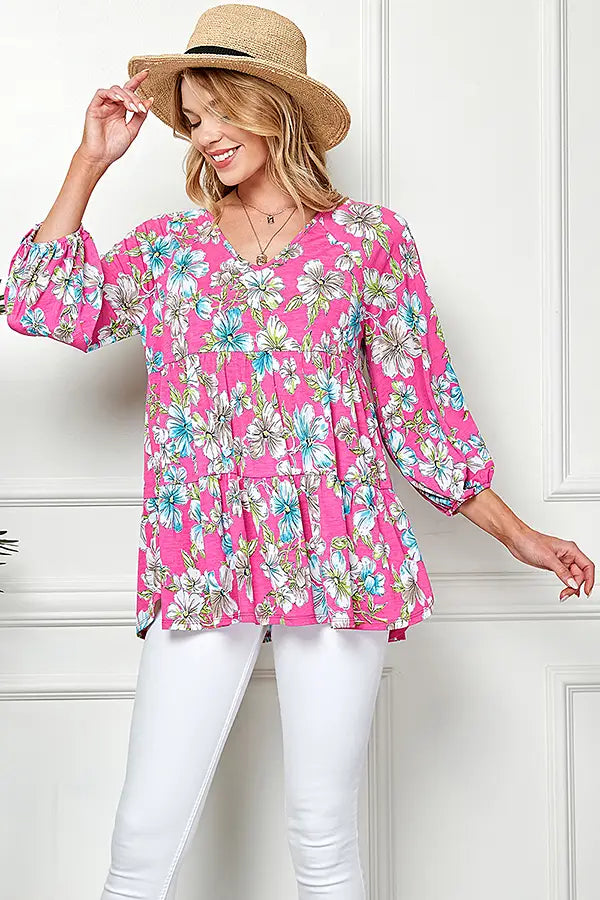 Women's Spring 3/4 Sleeve Tiered Floral Loose Top