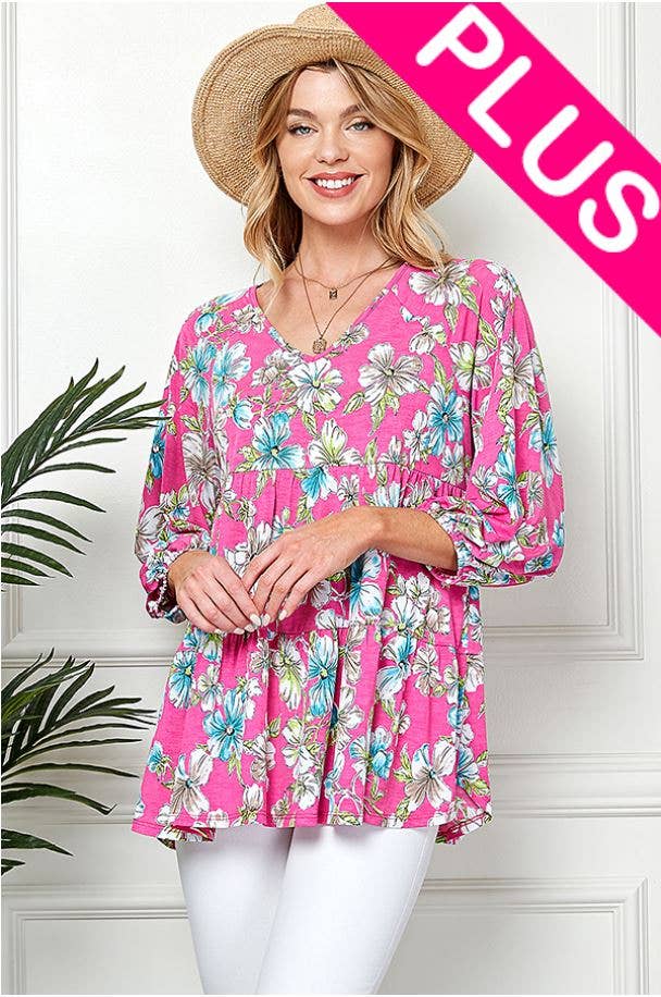 Women's Spring 3/4 Sleeve Tiered Floral Loose Top