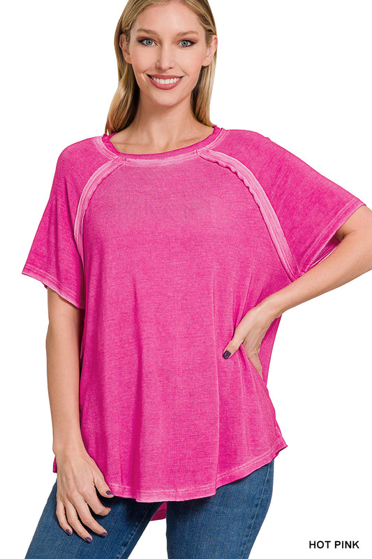 Washed Short Sleeve Boat Neck Top with High-Low Hem