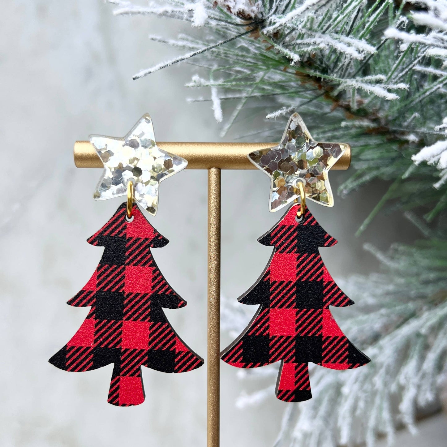 Christmas Tree Earrings - Buffalo Plaid - Acrylic Earrings