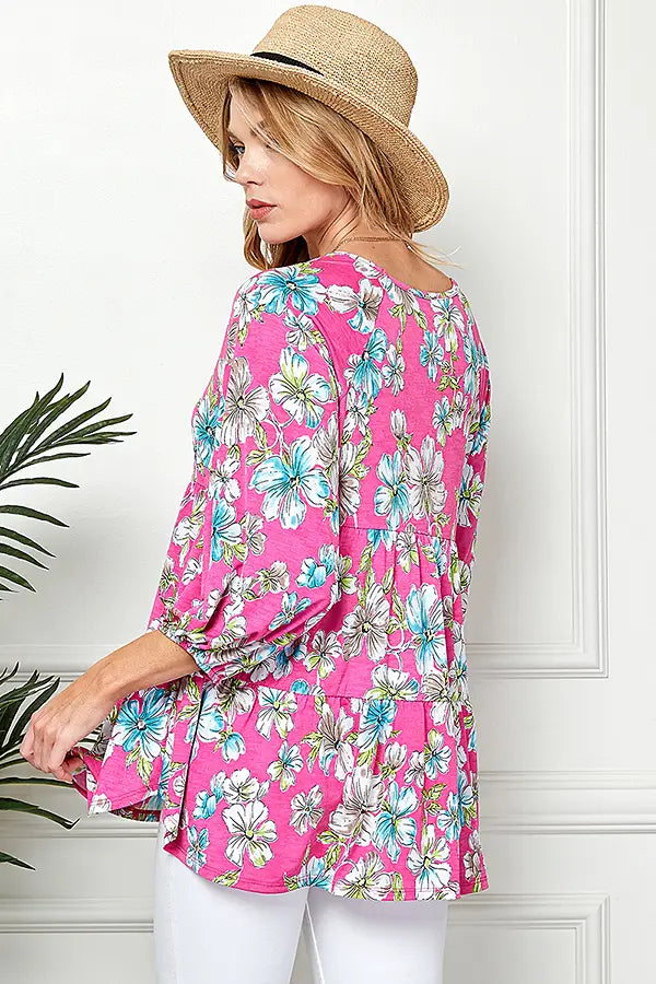 Women's Spring 3/4 Sleeve Tiered Floral Loose Top