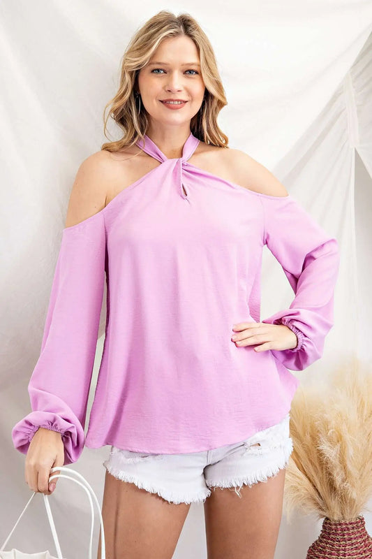 Criss Cross Cold Shoulder Bubble Sleeve Top