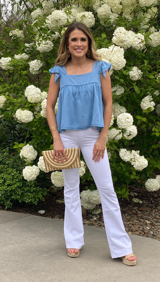 Chambray Ruffle Sleeve Blouse